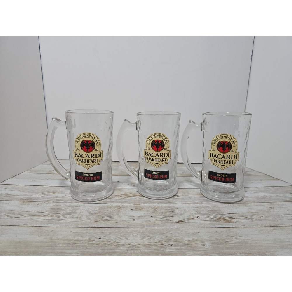 3x Bacardi Oakheart Smooth Spiced Rum Stein Mug Beer Dimpled Heavy Glass 6" Tall